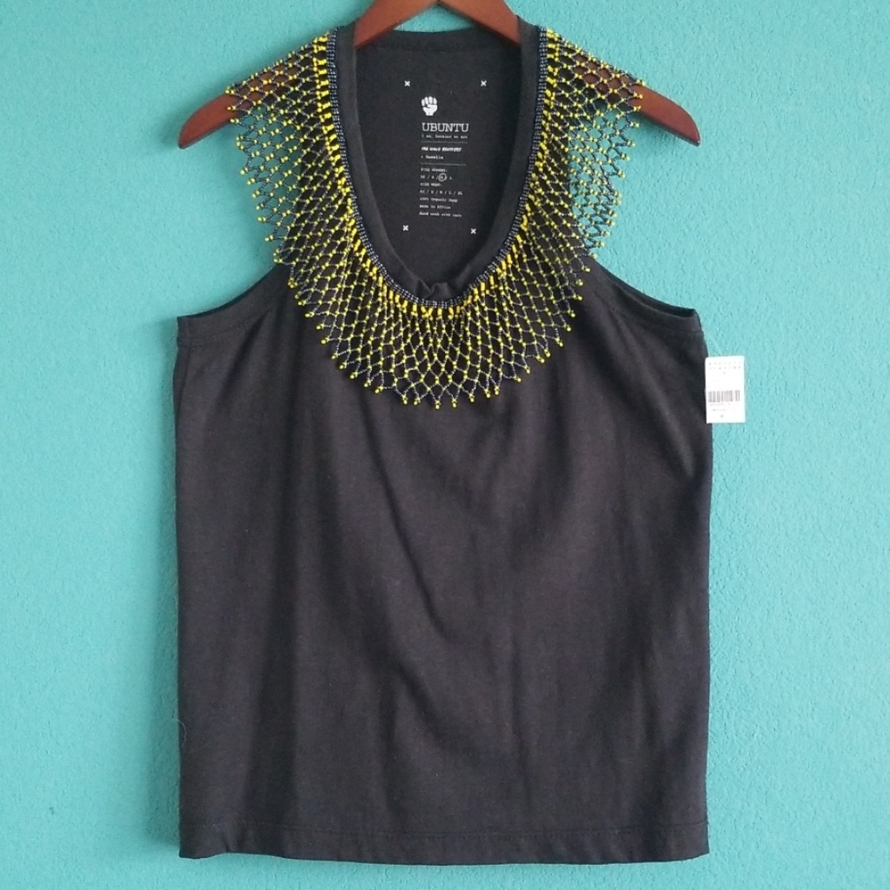 NWT {UBUNTU} Black Tank Top Yellow & Black Beaded Neck